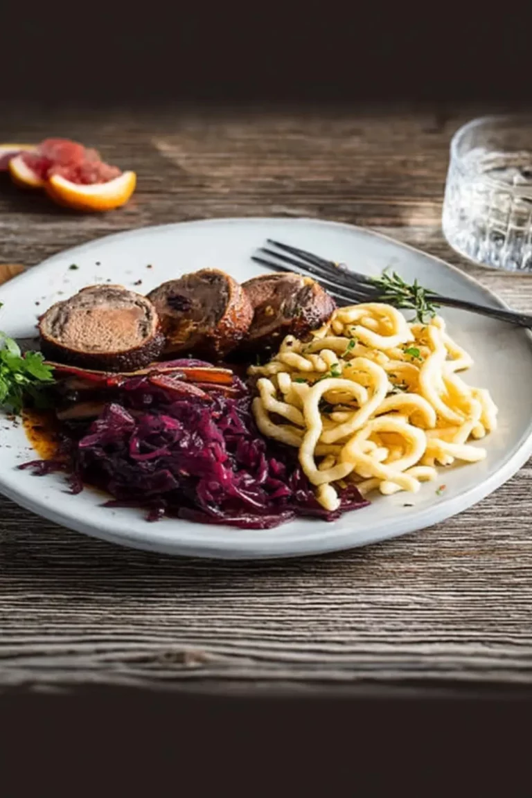 Rinderrouladen mit Pflaumen-Rotkohl und Spätzle