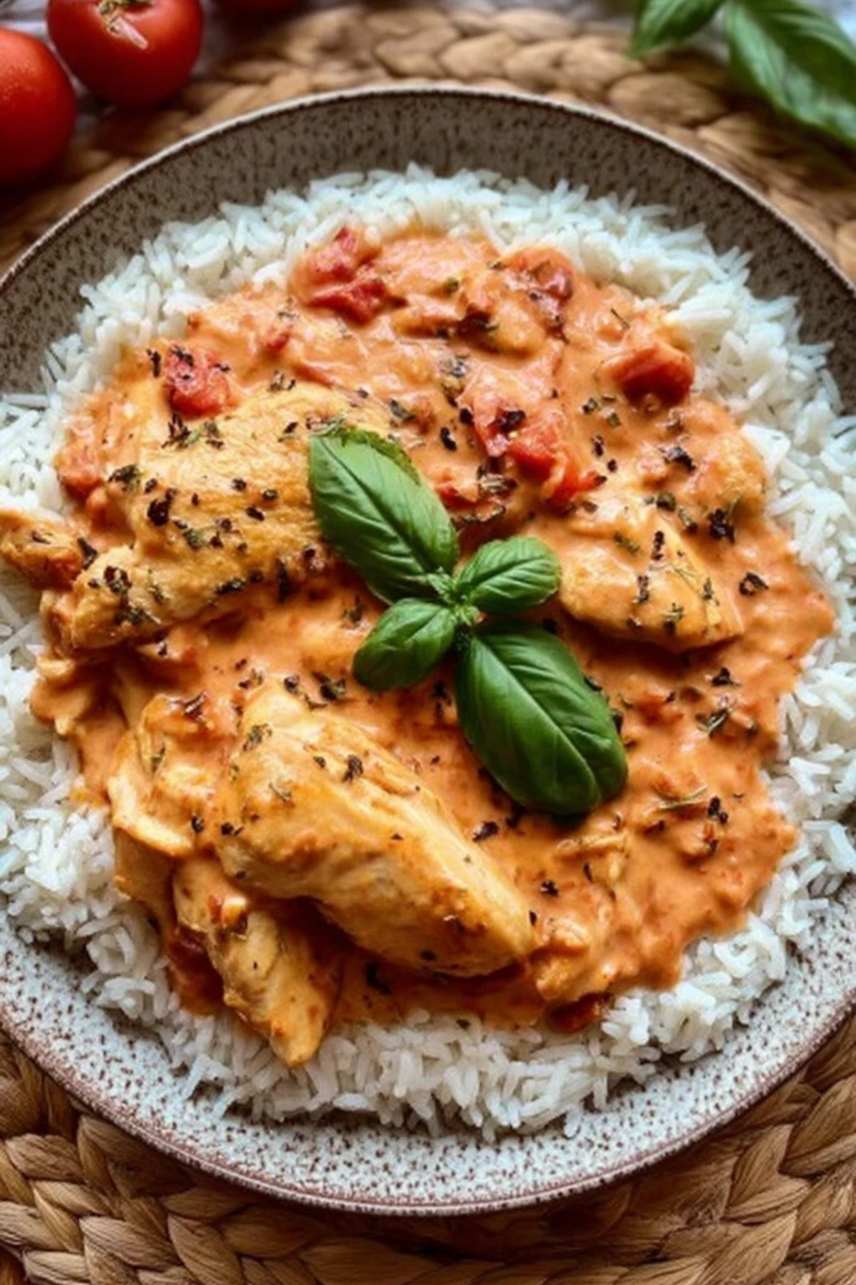 Hähnchen mit Reis und Tomatensoße
