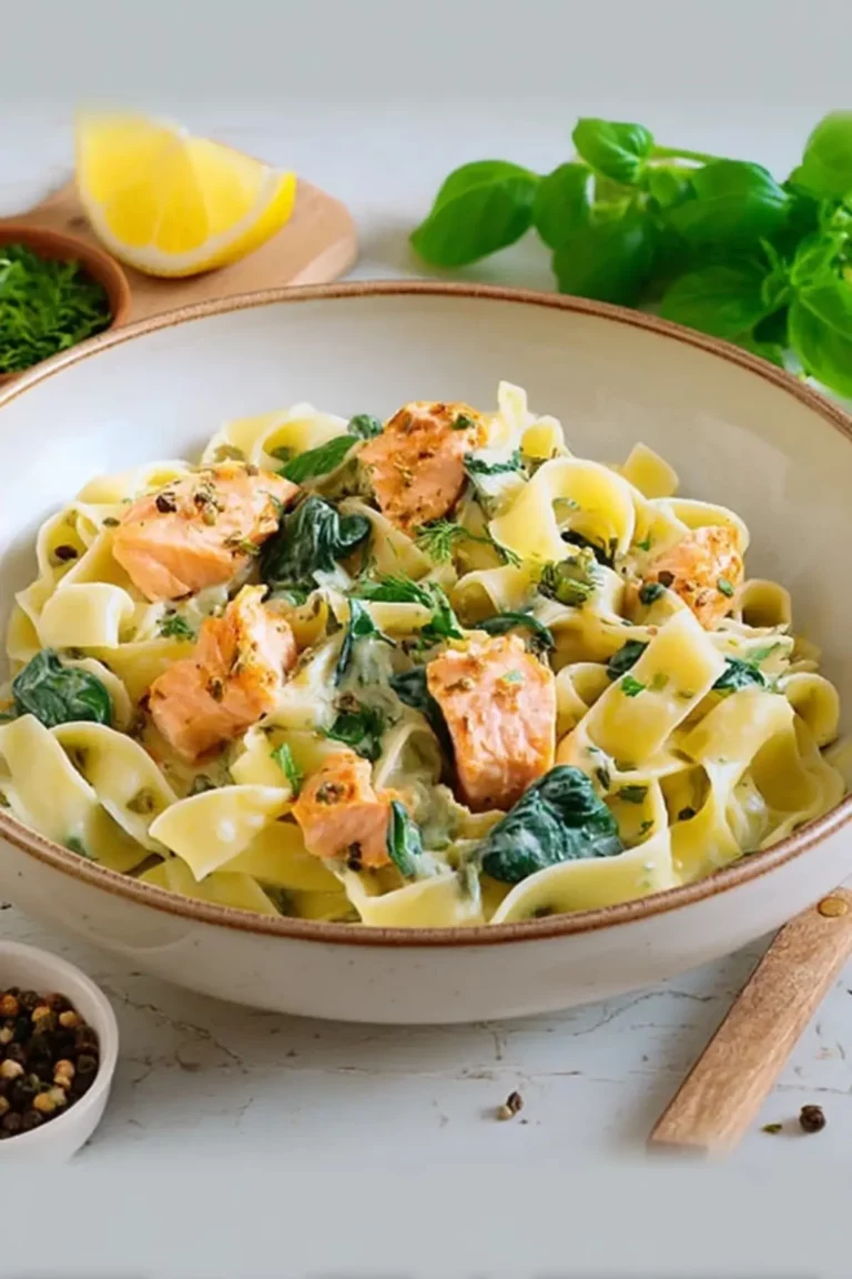 Bandnudeln mit Lachs und Spinat