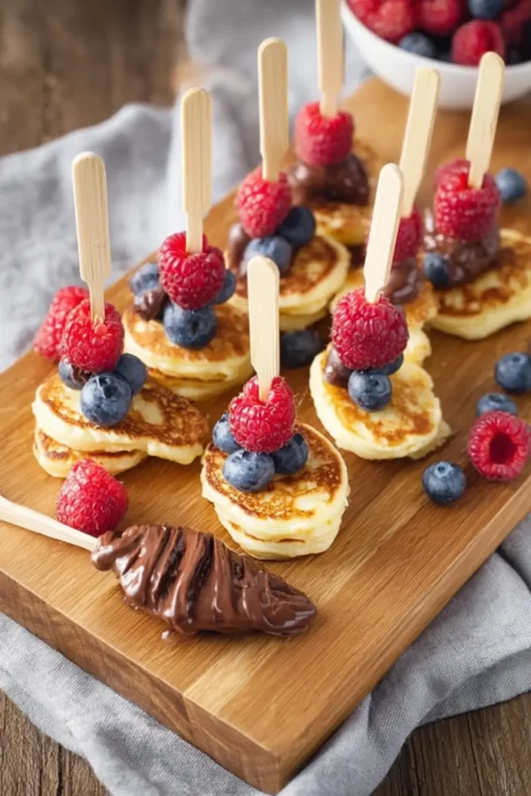 Beeren-Pancake-Spieße mit Schokoladencreme