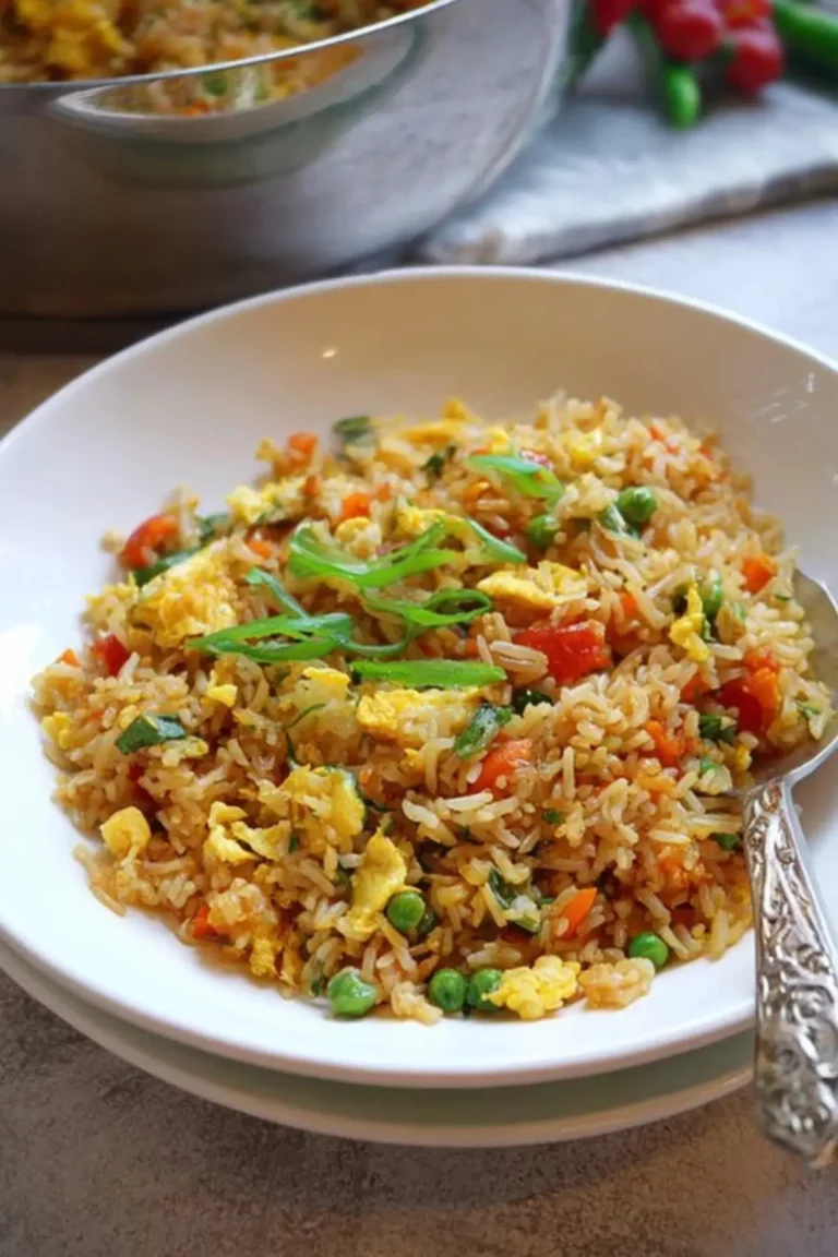 Gebratener Reis mit Ei und Gemüse in Pfanne angerichtet