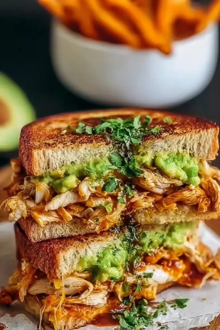 Hähnchen Avocado Sandwich mit Käse und Tomate auf knusprigem Brot