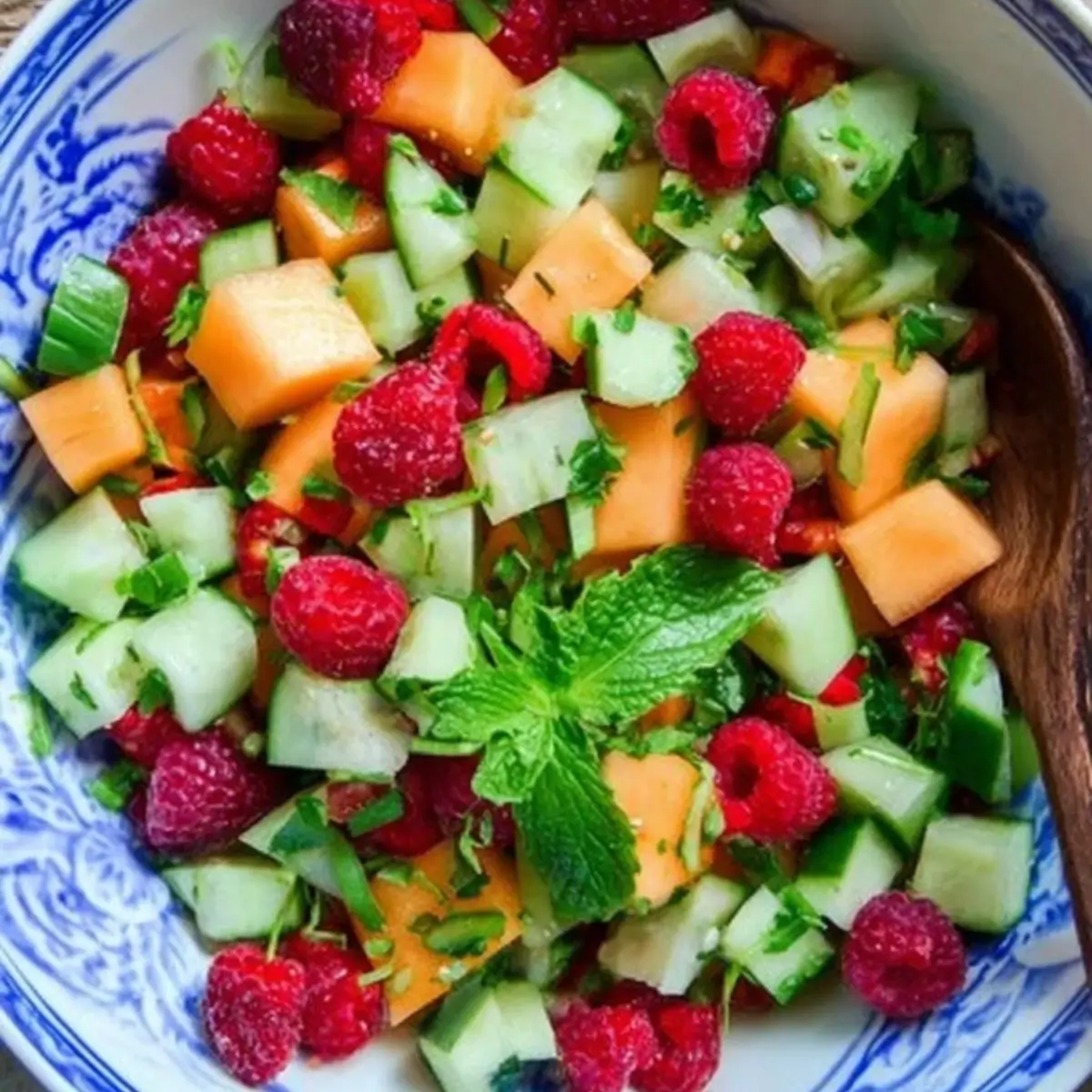 sommersalat mit melone gurke und himbeeren