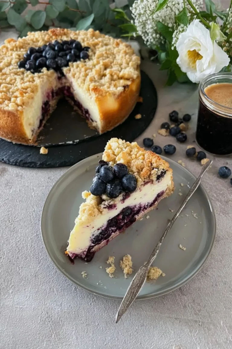 Käsekuchen mit Heidelbeeren und Streusel