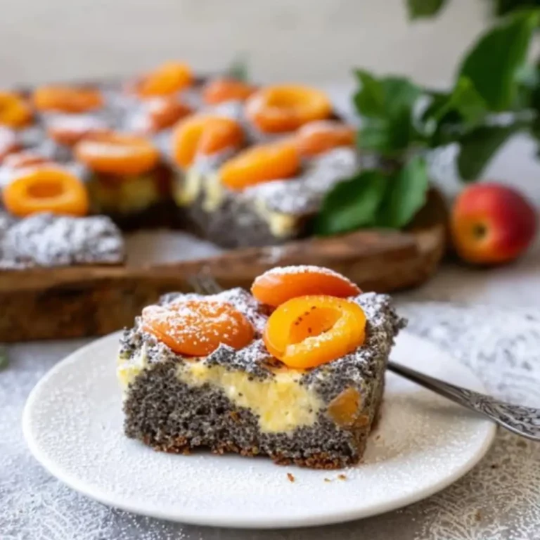 Mohn Topfengitter Kuchen mit Marillen