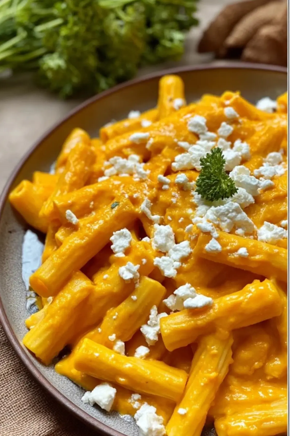 Pasta mit Kürbissoße und Feta