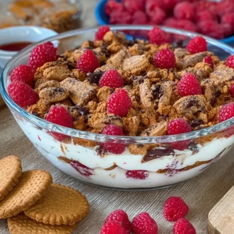 Schichtdessert mit Himbeeren und Keksen