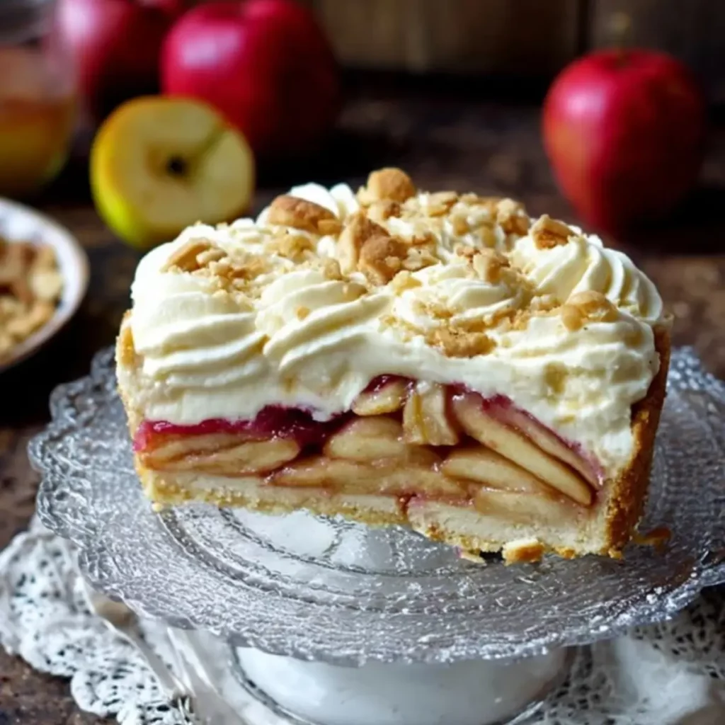 Apfel-Amarettini-Kuchen und Puddingsahne