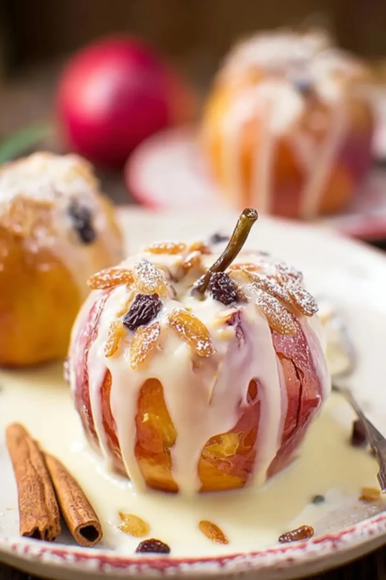 Bratapfel mit Mandeln, Rosinen und Vanillesoße