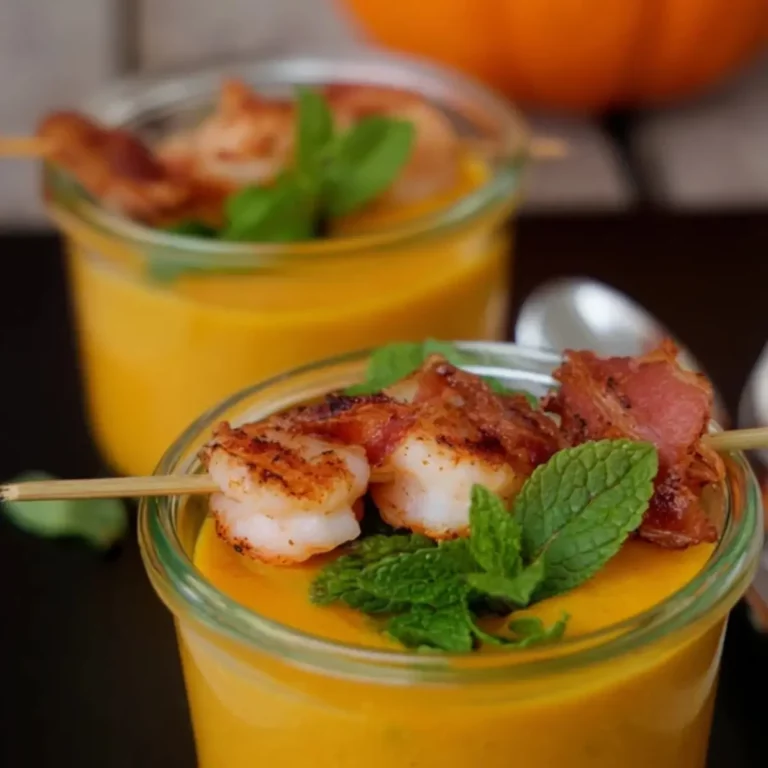Kürbis-Ziegenkäse-Süppchen mit Garnelenspießen