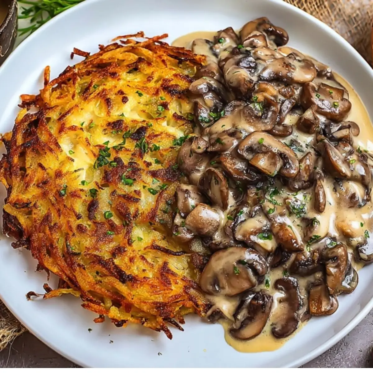 Mozzarella Rösti mit Zwiebel-Pilzrahmsoße