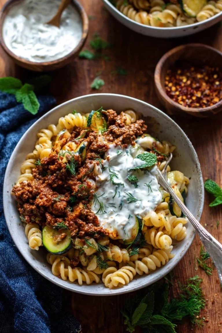Türkische Pasta mit Hackfleisch und Joghurt-Sauce