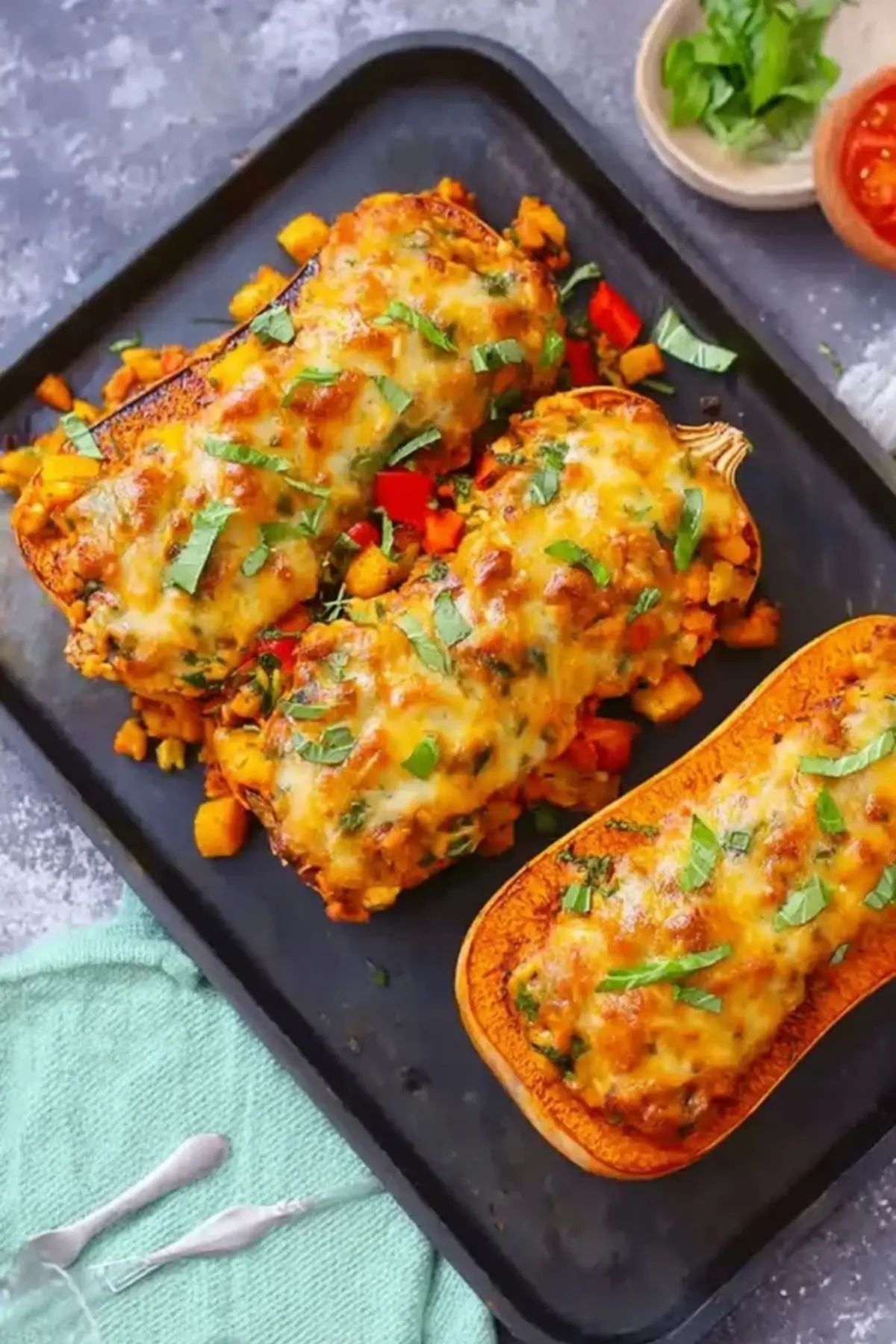 Veganer gefüllter Butternutkürbis aus dem Ofen