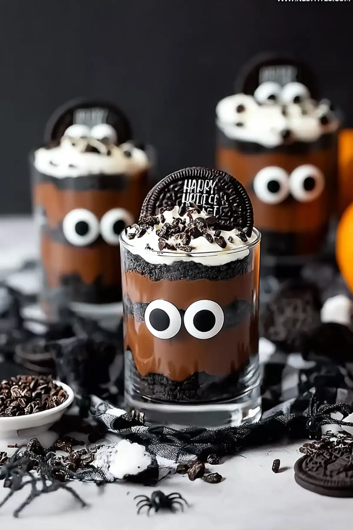 Halloween Dessert im Glas mit Augen