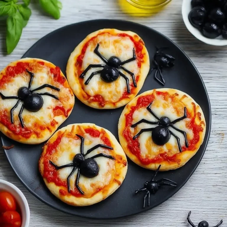 Kleine Halloween Pizza mit Oliven, Tomatensauce und Mozzarella