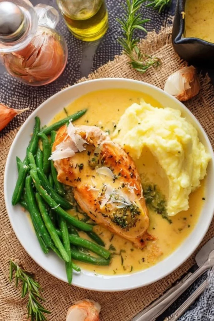 Parmesan Hähnchen mit Kartoffelpüree und grünen Bohnen