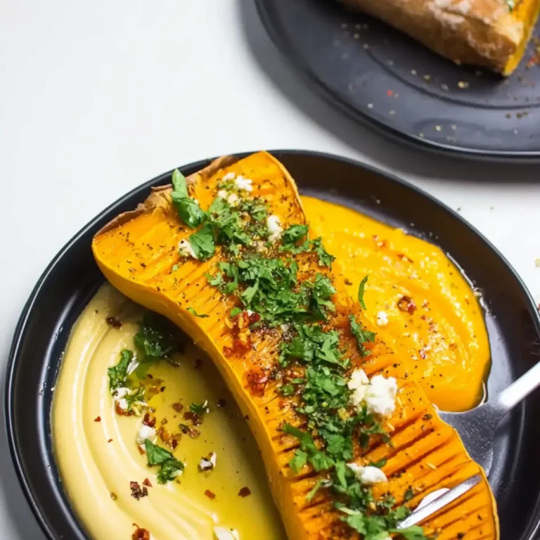 Gebackener Butternut-Kürbis auf Curry-Feta-Honig-Creme und Knoblauchbrot