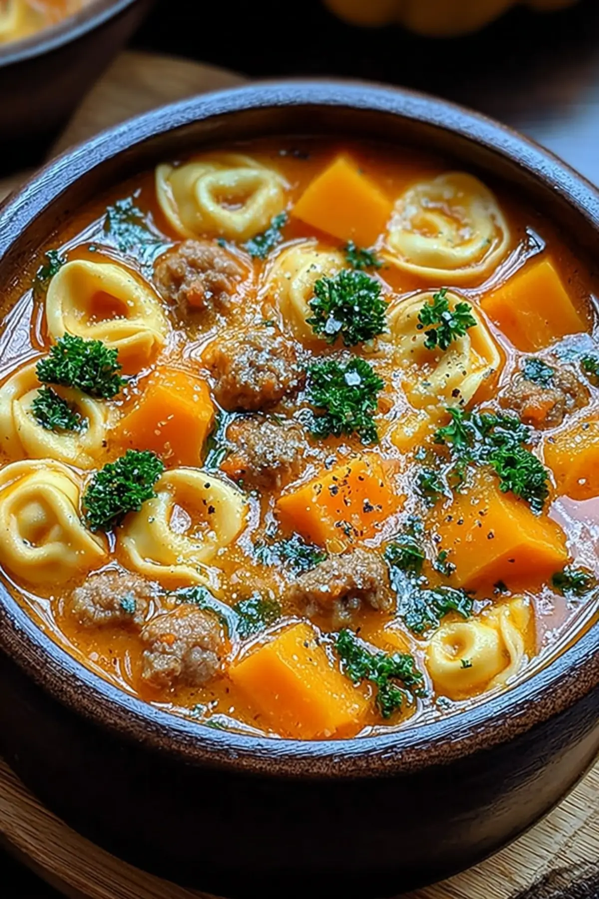 Gemütliche Ein-Topf Butternut-Kürbis und Wurst Tortellini Suppe