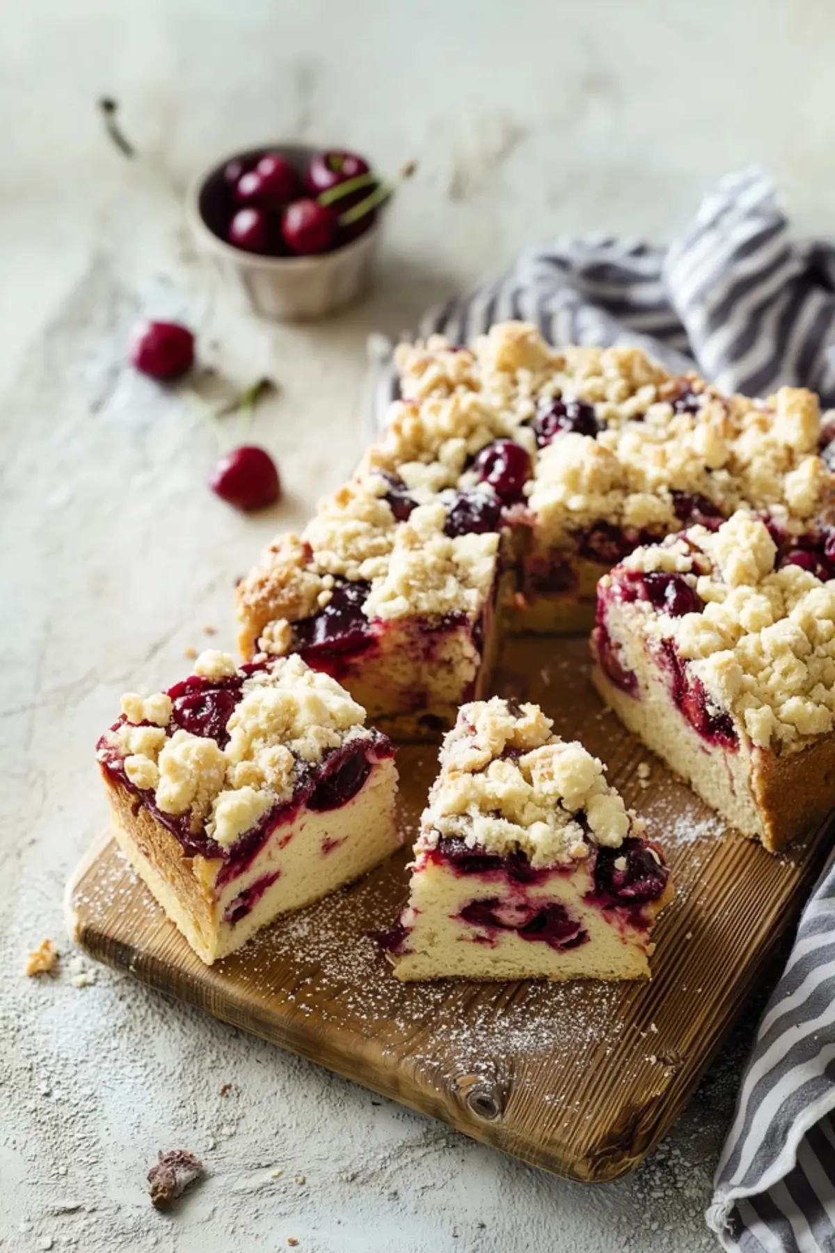 Kuchen mit Süßkirschen und Mandelstreuseln