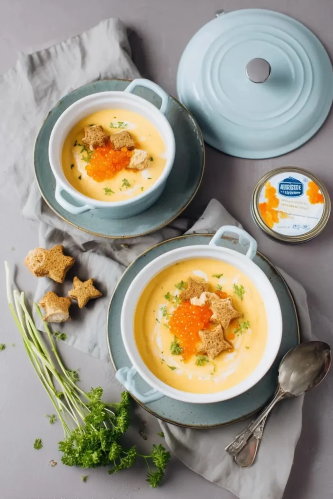 Süßkartoffelsuppe mit Sternencroutons und Forellen Caviar