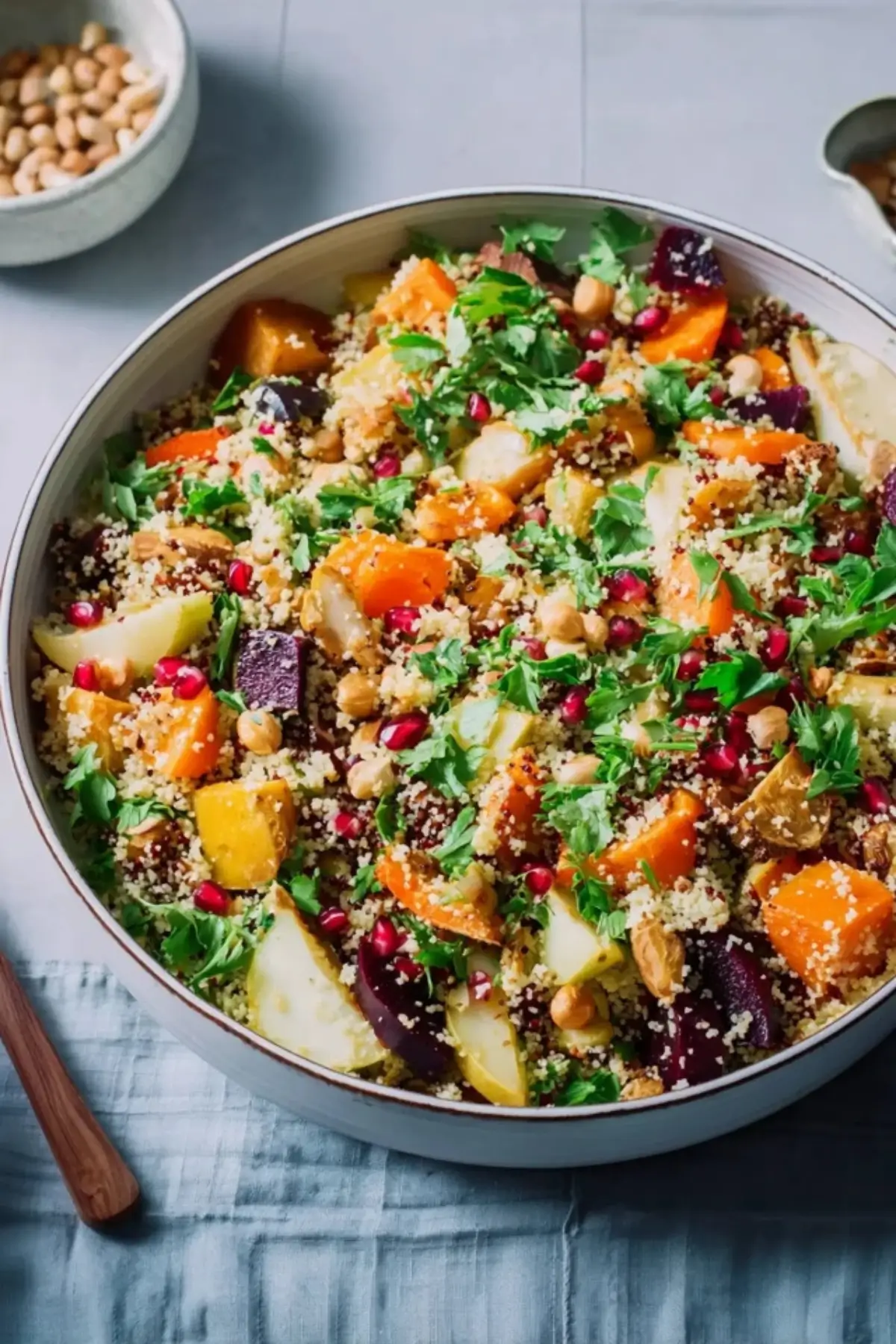 Wintersalat mit Couscous, Quinoa, Ofengemüse und Kurkuma Dressing