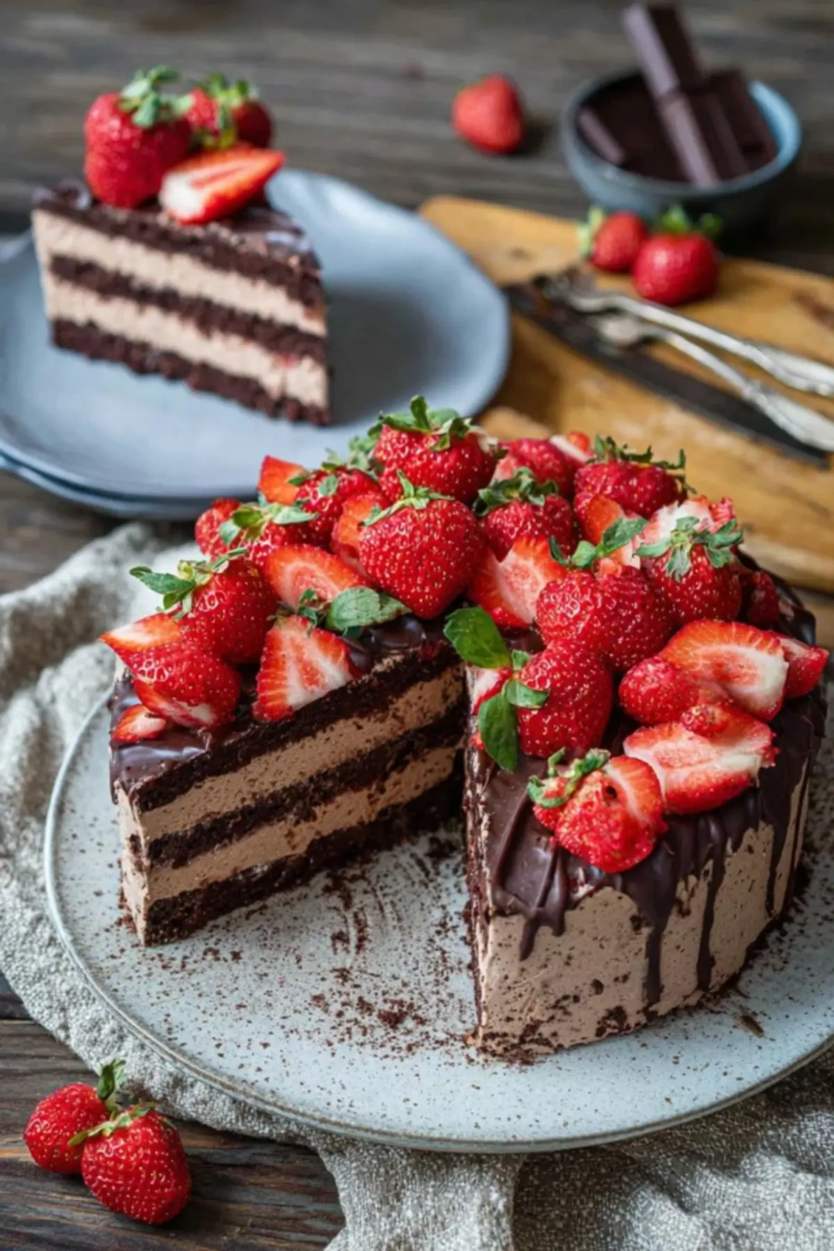 Schokomousse Torte mit Erdbeeren
