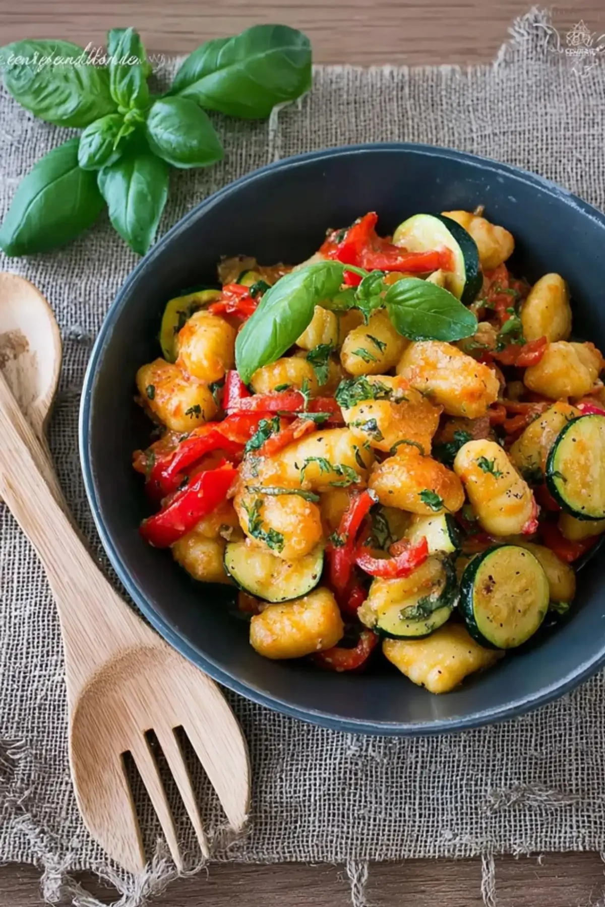 Lauwarmer Gnocchi Salat mit Paprika und Zucchini