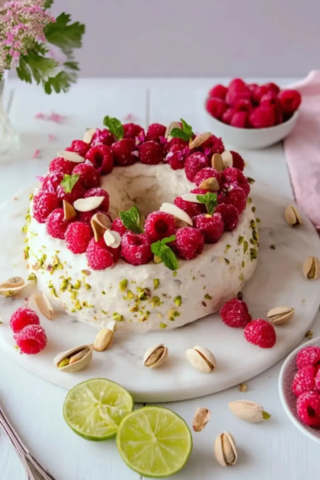 Pistazienkuchen mit Himbeeren und Limetten Creamcheesefrosting