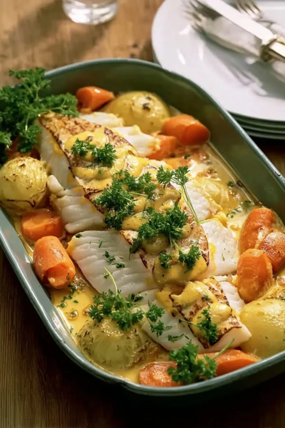 Seelachs überbacken auf Senfmöhren