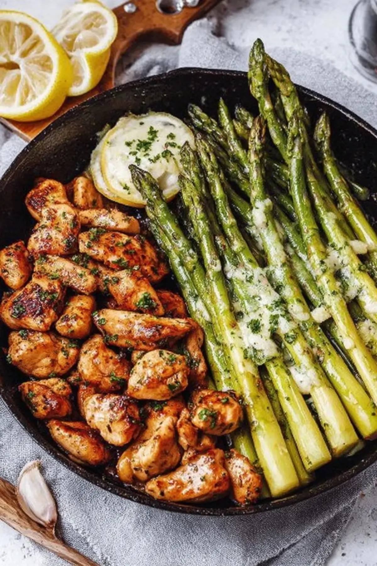 Hähnchenhappen mit Knoblauchbutter und Zitronenspargel