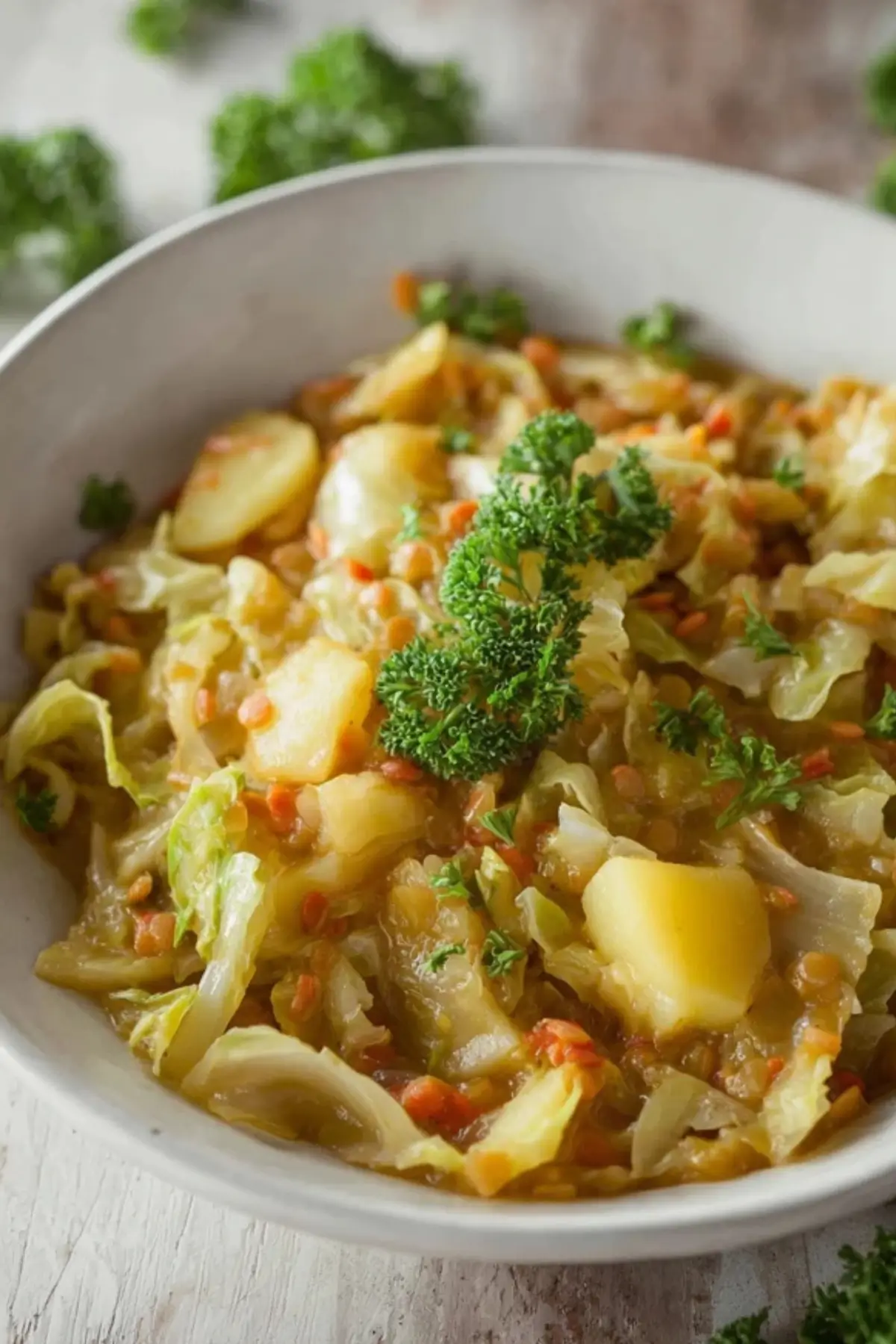 Spitzkohl mit Kartoffeln und roten Linsen
