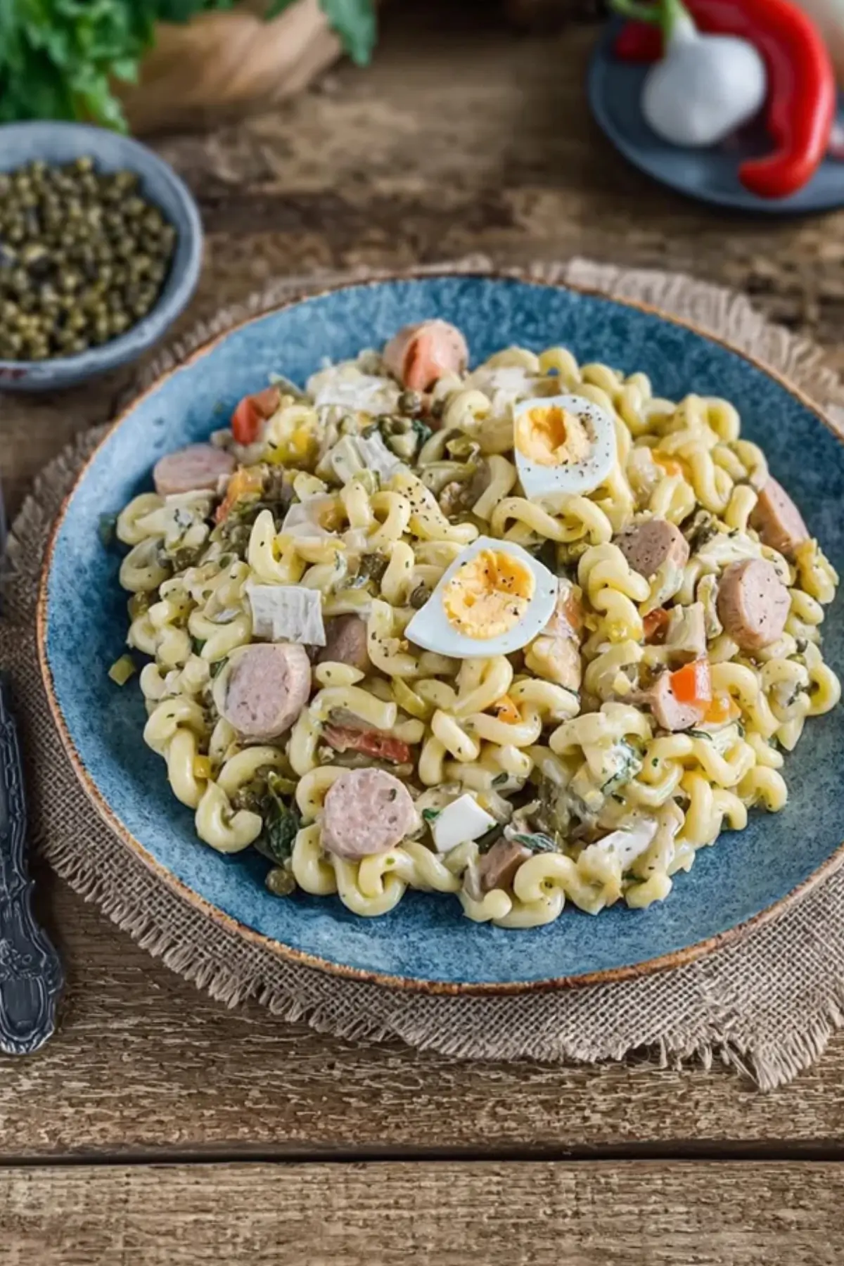 Klassischer Nudelsalat mit Fleischwurst und Ei