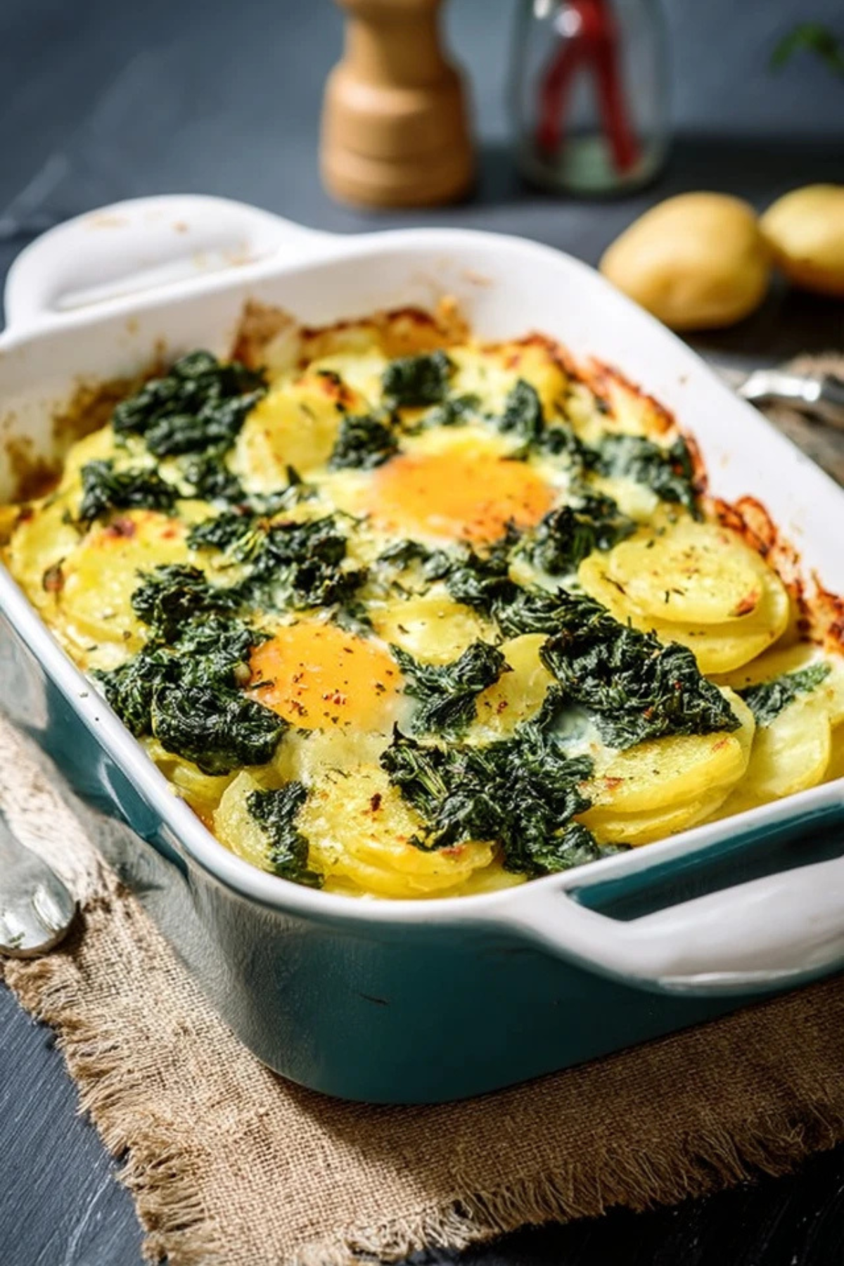Spiegeleier Gratin mit Kartoffeln und Spinat