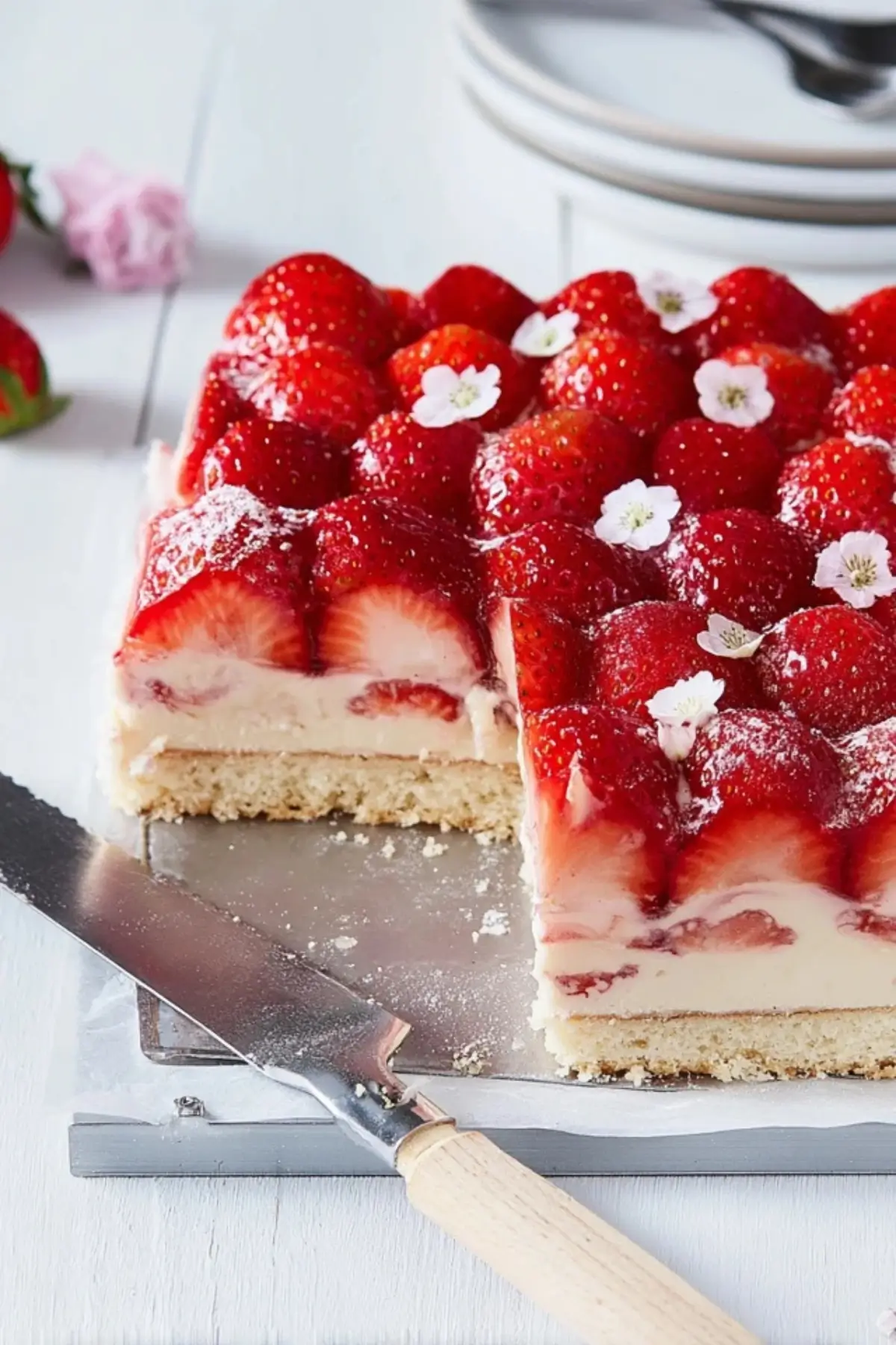 Erdbeerkuchen vom Blech mit Pudding