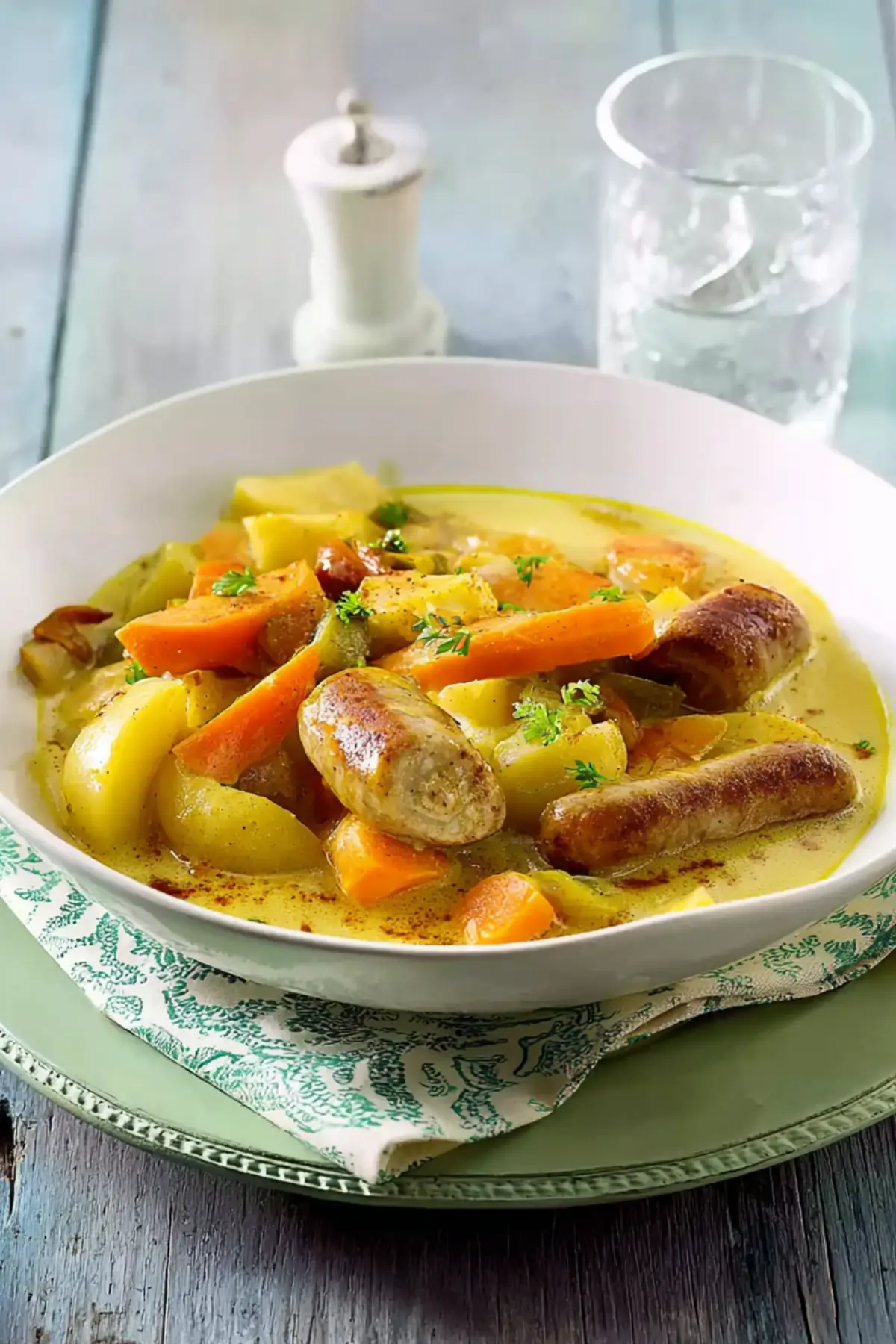 Mairübchen Möhren Ragout in Currysoße mit Bratwurst