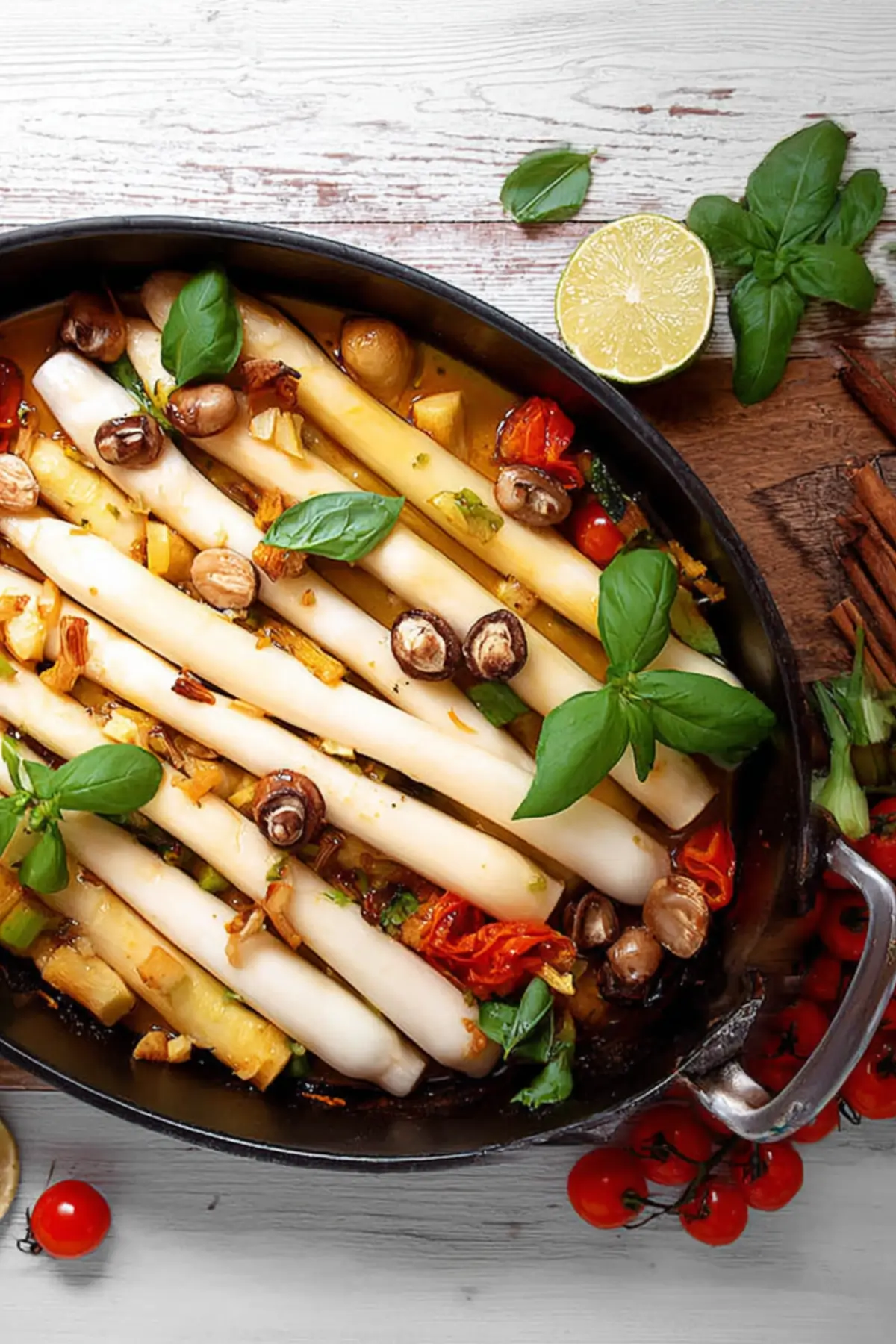 Weißer Spargel aus dem Ofen mit Frühlingsgemüse