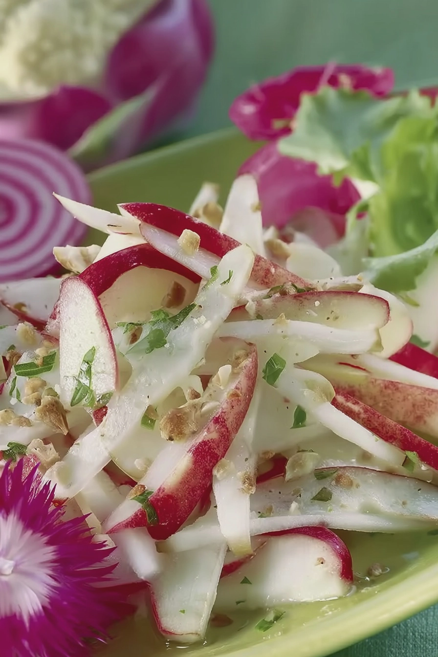 Gesunde Apfel-Kohlrabi-Rohkost in einer Schüssel, dekoriert mit Minze und Sonnenblumenkernen.