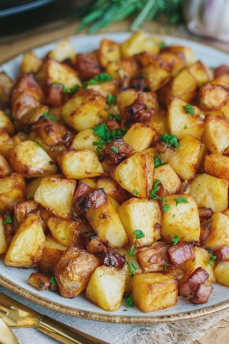 Bratkartoffeln aus der Heißluftfritteuse auf einem blauen Teller, serviert mit Salat.