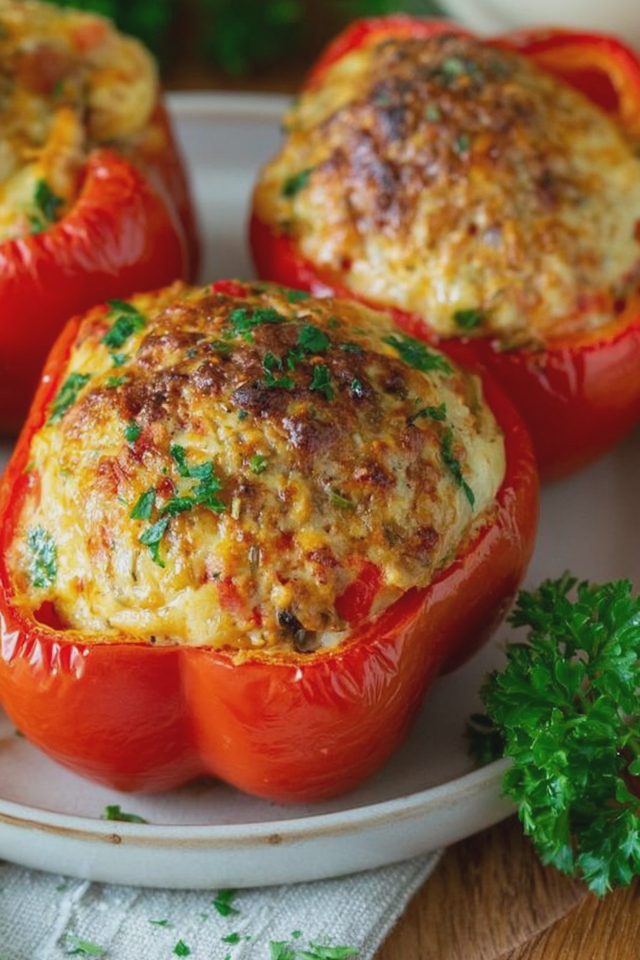 Gefüllte Paprika aus der Heißluftfritteuse, dekoriert mit frischen Kräutern.
