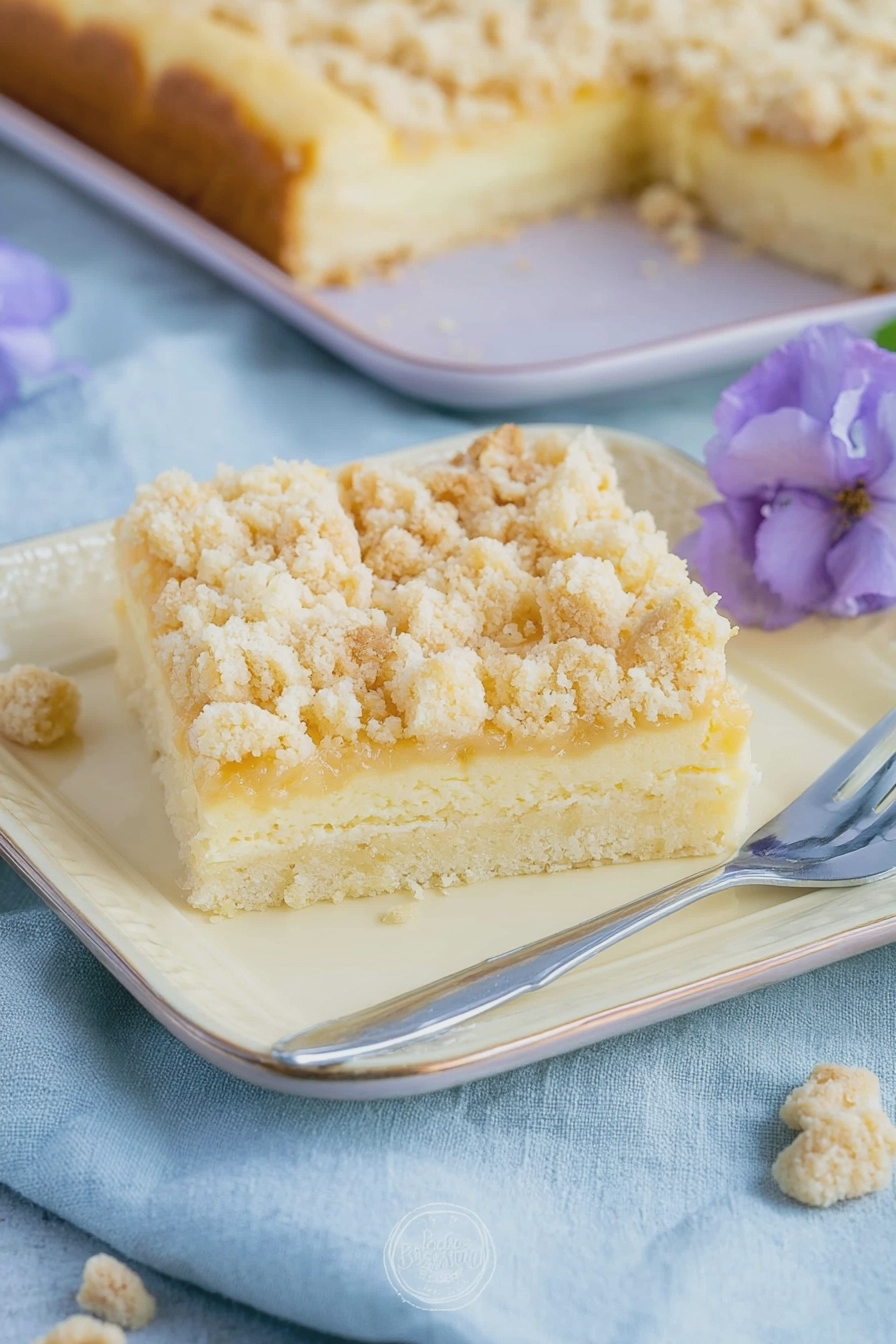 Käsekuchen mit Streuseln auf einem Holzbrett, umgeben von frischen Früchten und einer Tasse Kaffee