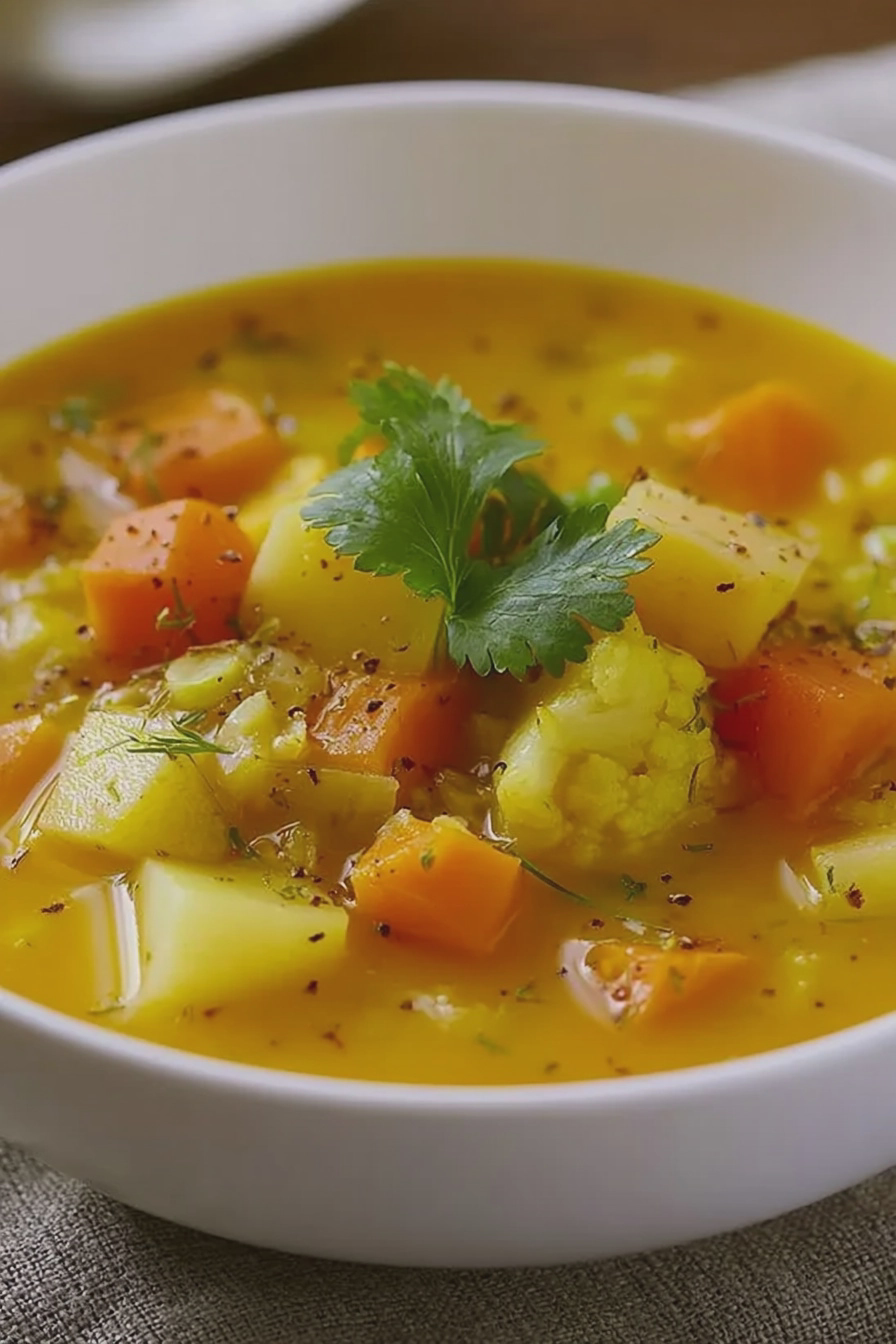 Eine leckere Schale Kürbis-Gemüse-Suppe, serviert mit Koriander und frischem Gemüse.