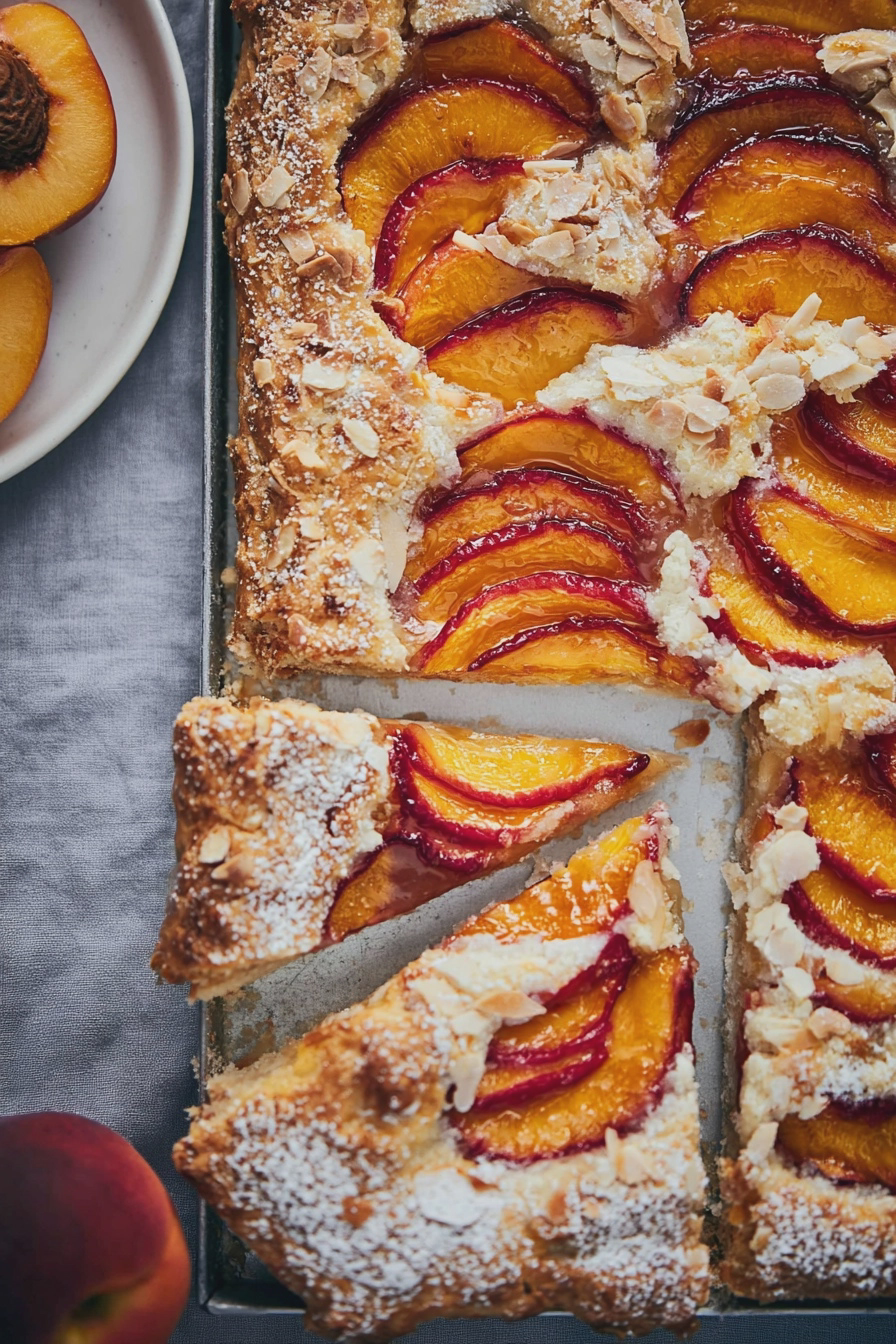 Frisch gebackene Nektarinen Galette mit Nektarinen und Sahne auf einem Holztisch.