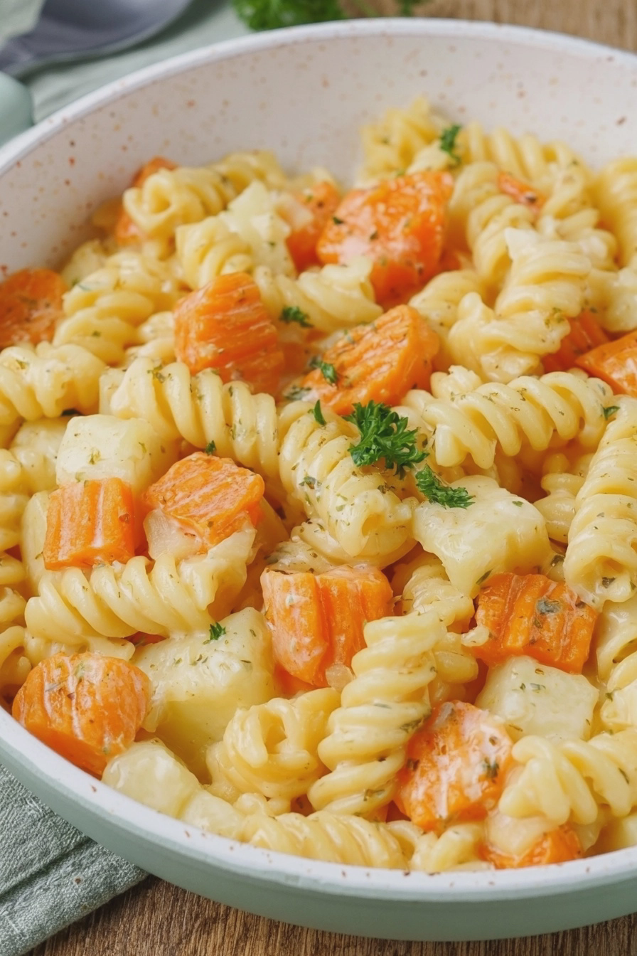 One Pot Pasta mit Möhren und Kohlrabi, dekoriert mit frischen Kräutern und Zitronensaft.