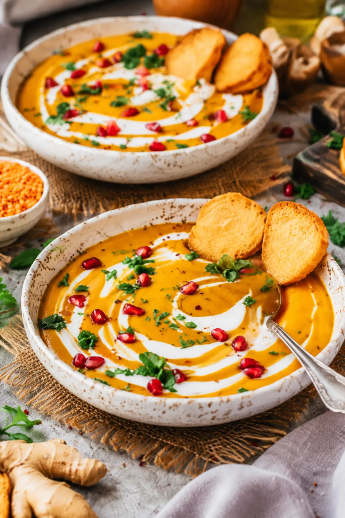 Linsen-Süßkartoffel-Suppe mit Kokosmilch
