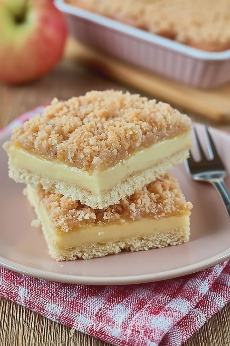 Apfelkuchen mit Pudding und Streuseln, serviert mit frischen Äpfeln und Zimtstangen auf einem Holztisch.