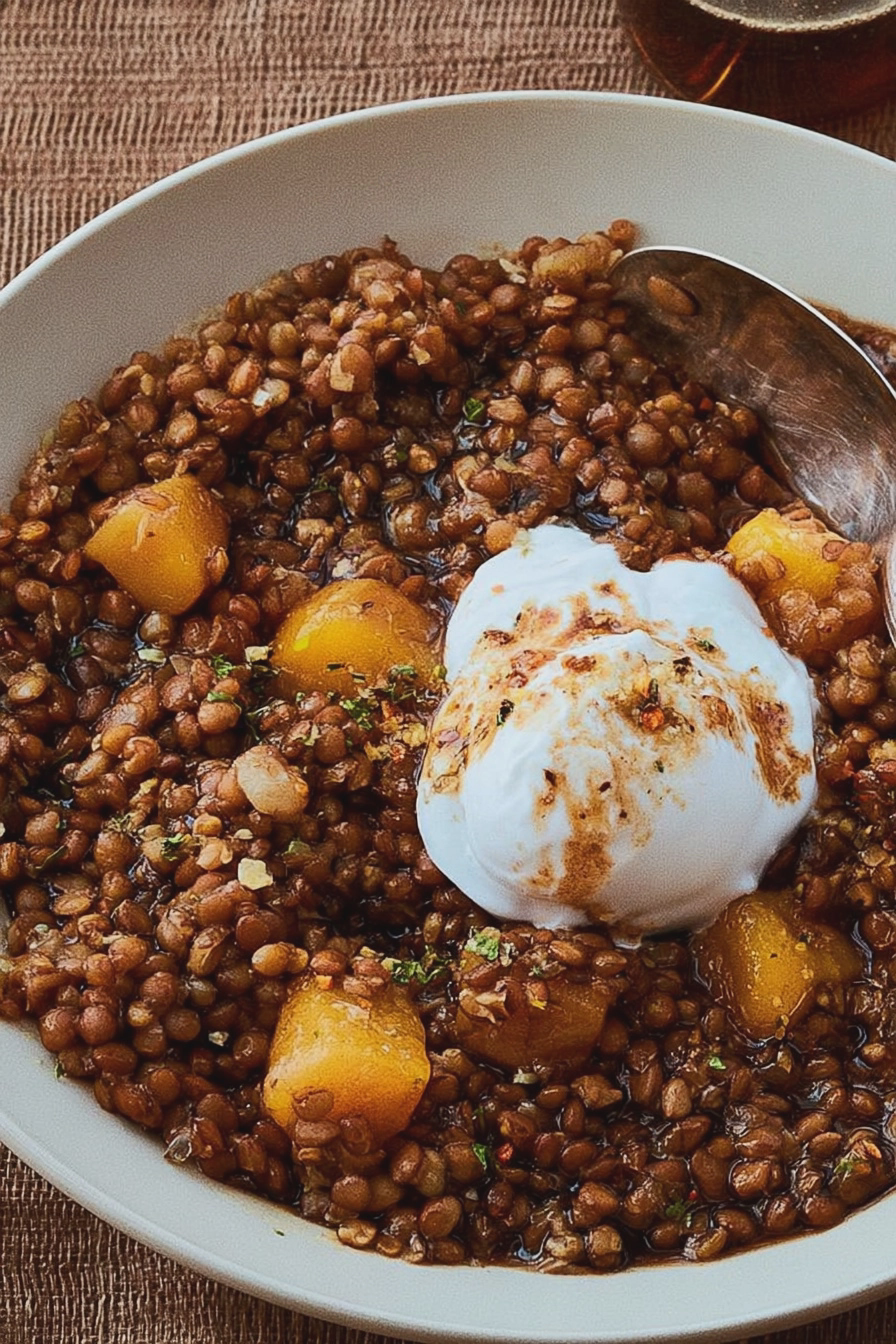 Balsamico-Linsen mit Burrata und Hokkaido-Kürbis auf einem Teller serviert.