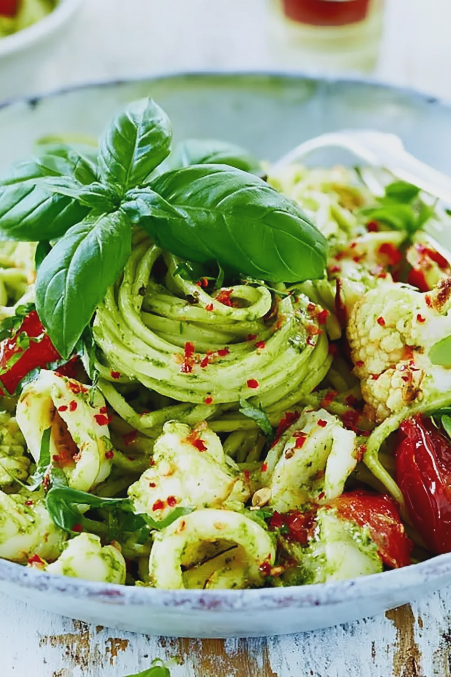 Basilikum-Pasta con Calamari serviert auf einem Teller, garniert mit frischen Basilikumblättern und Zitronenschale.