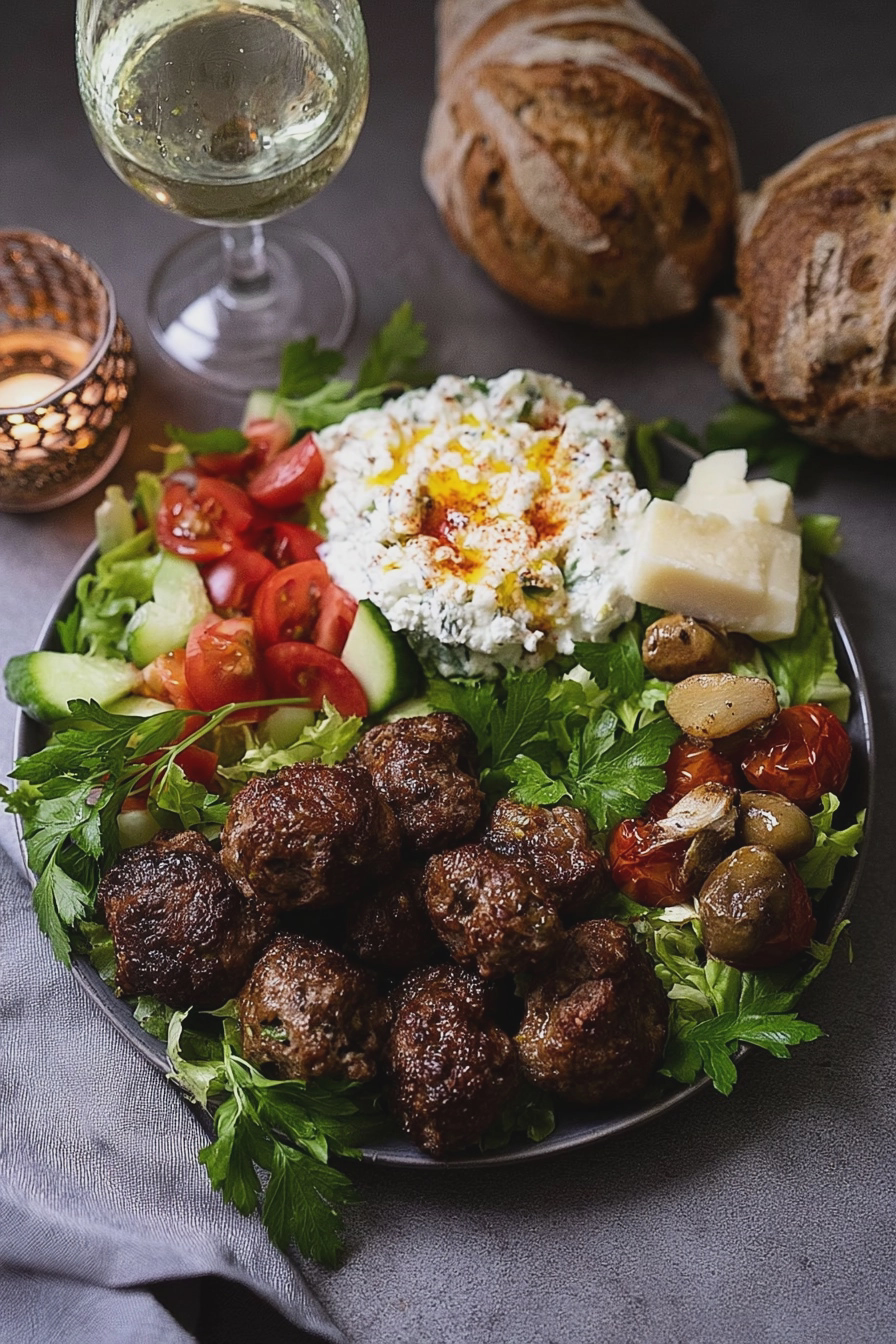 Saftige Bifteki aus dem Airfryer, serviert mit frischen Gurken, Tomaten und Joghurt.