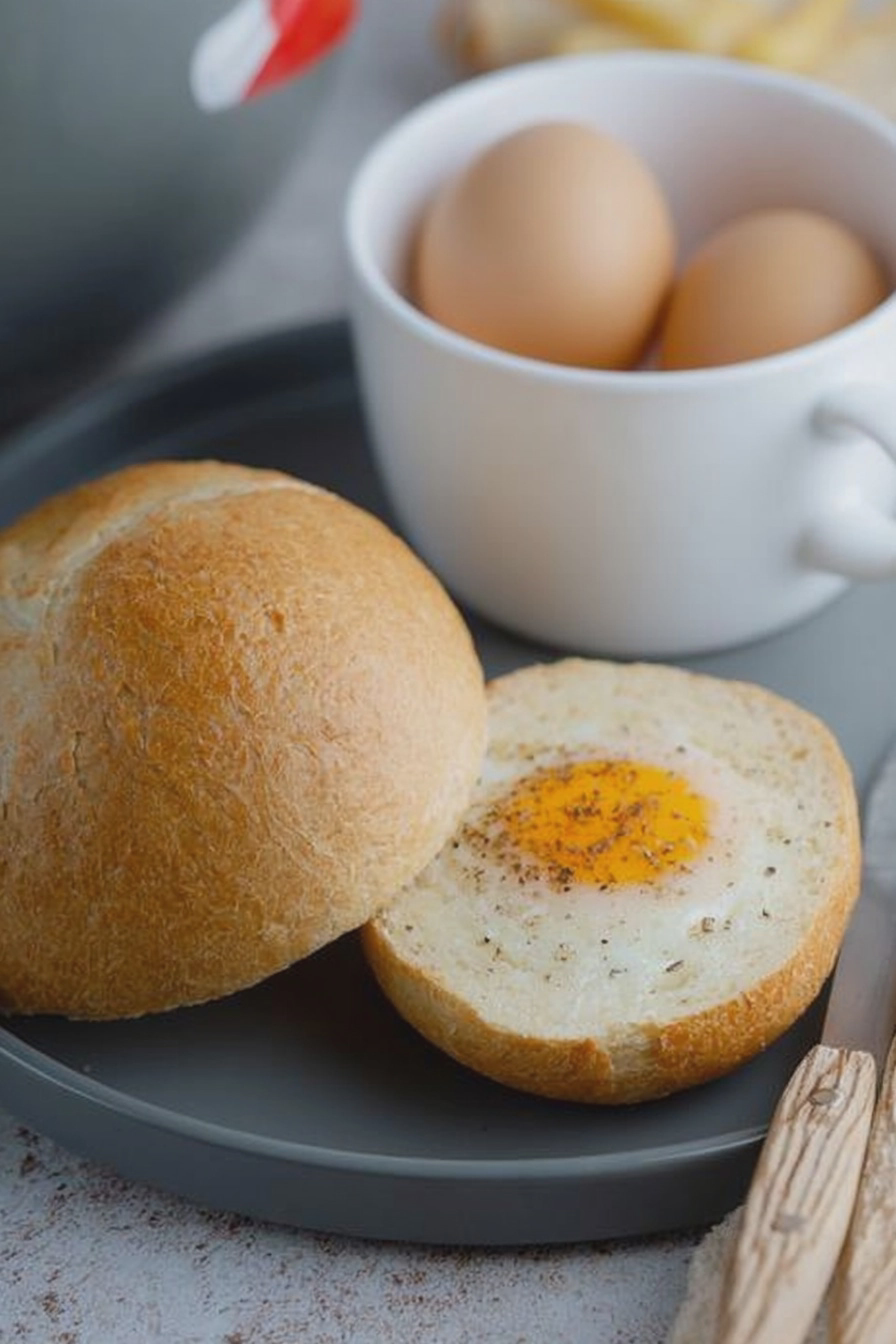 Frisch gebackene Brötchen und Frühstückseier aus der Heißluftfritteuse auf einem Holztablett.