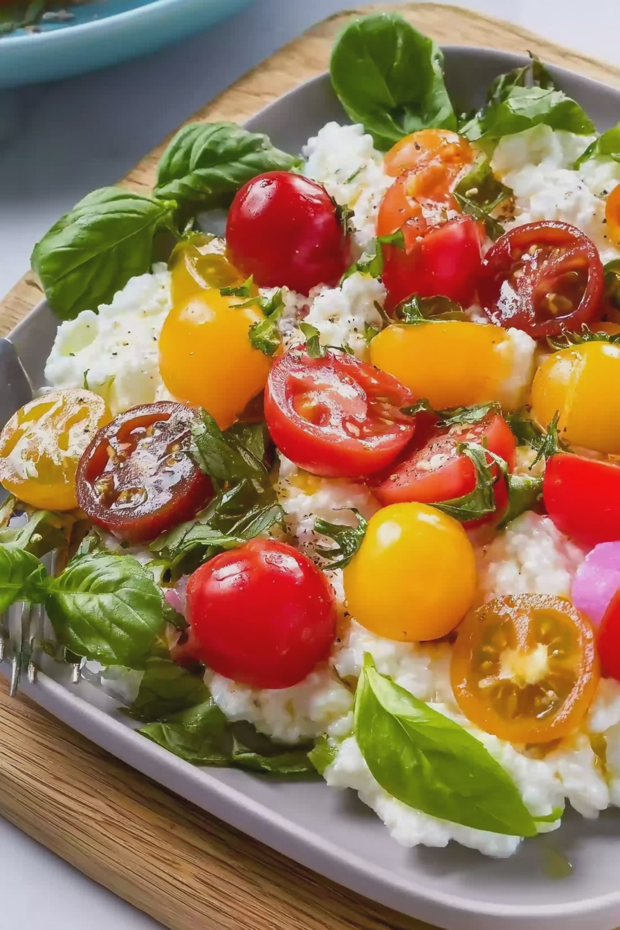 Bunter Tomatensalat auf körnigem Frischkäse, angerichtet mit frischem Rucola.
